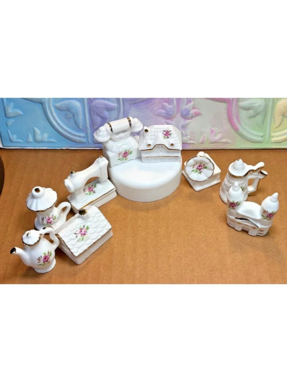 9pc White Ceramic Miniatures Set Pink Rose Accents & Gold Trim U69a